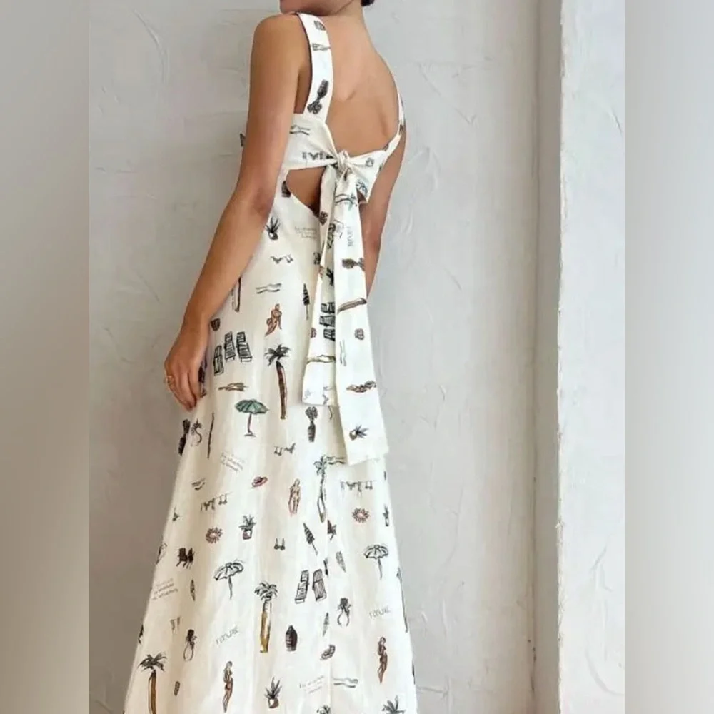 Full Size Printed Square Neck Tie Back Maxi Dress Plus Size
